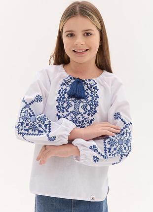 Вишиванка для дівчинки анна, тканина біла, орнамент синій