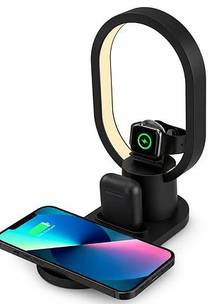 Бездротова зарядна станція led нічник 15вт для смартфонів та навушників заряджання без проводів black bq-19