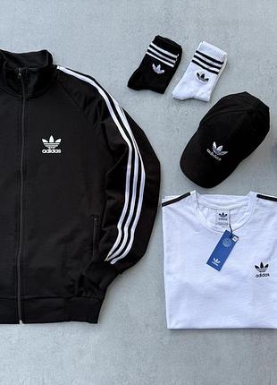 Мужской спортивный костюм adidas черная кофта адидас + штаны + футболка белая + кепка xs / s / m / l / xxl / xxxl
