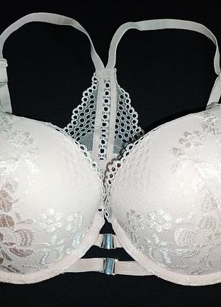 Нюдовый бюстгальтер h&m 70b  две застежки спереди, вышивка по сеточке, супер пуш-ап