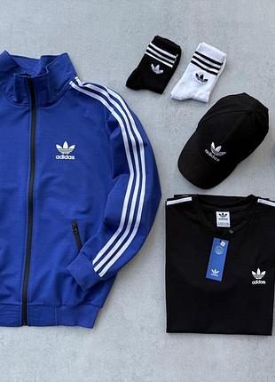 Набір adidas 4в1 синя кофта адідас + чорні штани + кепка + футболка