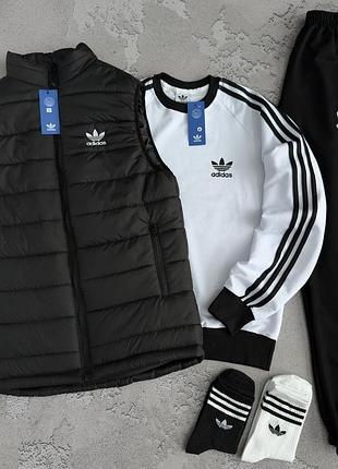 Спортивный костюм adidas черный/белый набор адедас жилетка + свитшот + штаны на весна/лето/осень
