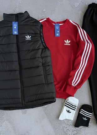 Червоний/чорний костюм adidas жилетка адідас + світшот + штани костюм демісезон
