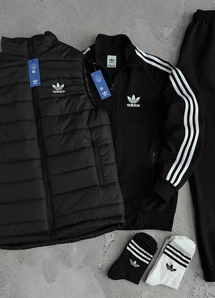 Комплект черный adidas жилетка + кофта на замке адидас + штаны на весна/лето/осень