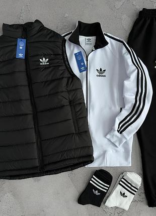 Спортивный костюм adidas белый/черный демисезон жилетка + кофта + брюки xs / s / m / l / xxl / xxxl