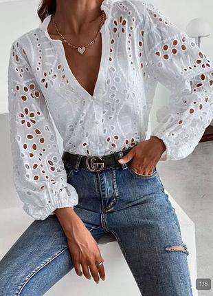 Shein отличная блуза с прошвой хлопок,р.xs