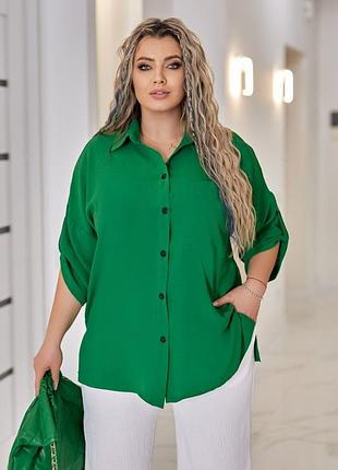 Женская летняя рубашка батал зеленая тонкая из крепа свободного кроя plus size легкая блузка на лето 56/58