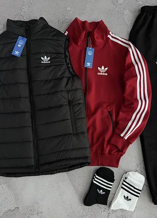 Спортивний комплект adidas 3в1 з жилеткою (кофта червона адідас, штани, жилет чорний)