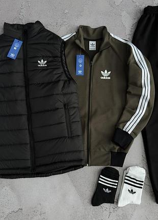 Адідас кофта хакі + штани  + жилетка чорна адідас костюм спортивний adidas демісезон
