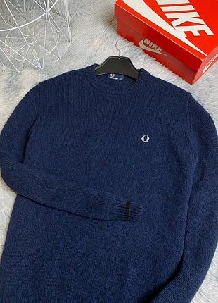 Чоловічий светр fred perry xl розмір світер теплий синій кофта худі олімпійка на лампасах кежуал світшот в'язаний
