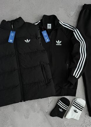Мужской спортивный костюм 3в1 adidas демисезонный черный (жилетка + кофта + брюки) xs / s / m / l / xl / xxl / xxxl