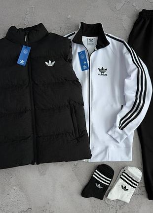 Спортивный костюм adidas белый/черный жилетка адедас + кофта белая + штаны демисезон xs / s / m / l / xl / xxl / xxxl