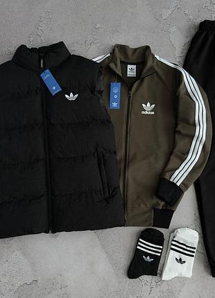 Чоловічий спортивний костюм 3в1 adidas демісезонний хакі/чорний (жилетка + кофта + штани)