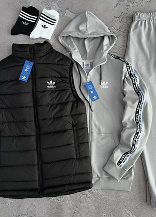 Спортивный костюм adidas серый с лампасом + жилетка адидас демисезон s / m / l / xl / xxl