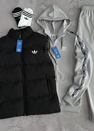 Спортивний костюм adidas з лампасами  зіп кофта з капюшоном  + штани + безрукавка (жилетка) адідас