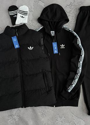 Мужской спортивный костюм 3в1 adidas черный (жилетка, соп худи с капюшоном, брюки) весна/лето/осень