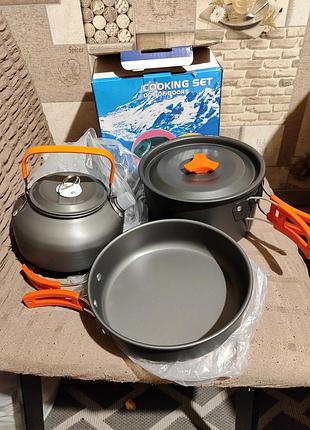 Новий туристичний набір посуду cooking set ds-308 (казанок, чайник, сковорода)