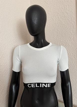 Знижка кроп топ,футболка женская в рубчик белого цвета,женский том celine, укорочений трикотажний топ у рубчик і короткими рукавами,футболка топ