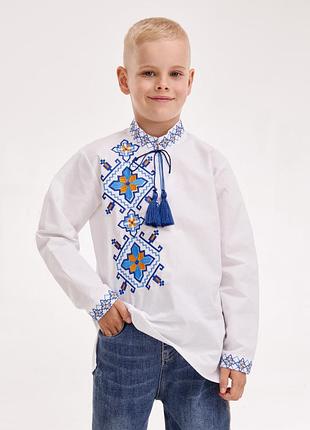 Вишиванка для хлопчика захар, тканина біла, орнамент жовто-блакитний