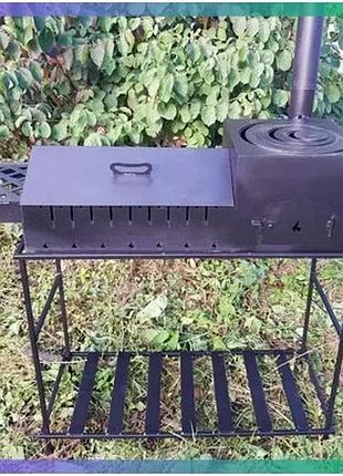 Мангал-піч барбекю з жаровнею 4 мм для приготування м'яса на 10 шомпорів з кришкою та грилем sku_2177