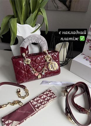 Жіноча сумка сумочка dior бордова лакова бургунді lady dior my abcdior small