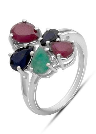 Срібне кільце komilfo з натуральним сапфіром 1.917ct, смарагдом, рубіном, вага виробу 4,17 г (2182405) 17.5 розмір 4.29, 17"