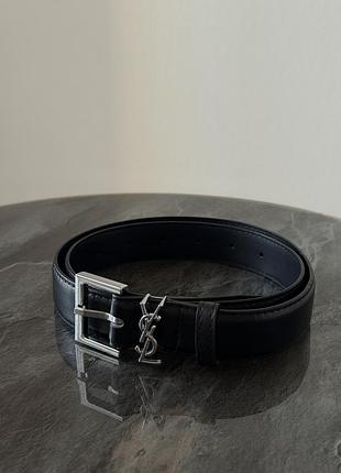 Ремінь пояс чорний з срібною фурнітурою ysl saint laurent