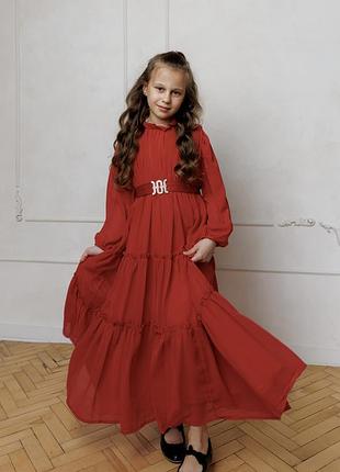 Платье "красная роза" с поясом от 6 до 10 лет
