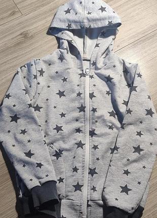 Дитяча кофта на блискавці з капюшоном (худі, зіпка) в зірочки, сіра