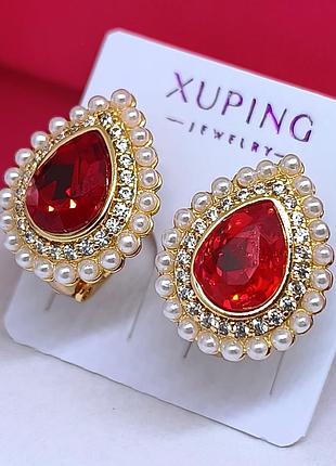 Сережки swarovski червоні кристали медичне золото розмір 15×13 мм англійська застібка бренд xuping 6150
