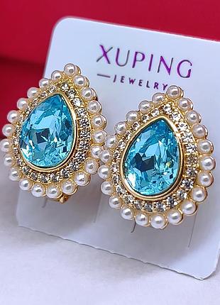 Сережки swarovski блакитні кристали медичне золото розмір 15×13 мм англійська застібка бренд xuping 6151