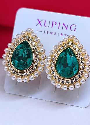 Сережки swarovski зелені кристали медичне золото розмір 15×13 мм англійська застібка бренд xuping 6152