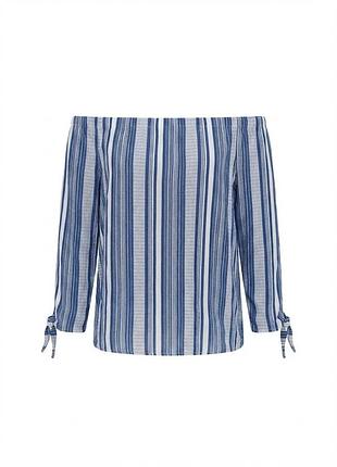 Полосатый топ matalan с открытыми плечами / летняя блуза в сине-белую полоску с завязками размер 12 (uk)