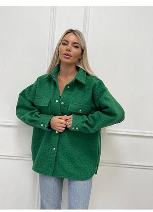 Теплая зеленая удлинина рубашка тедик букле