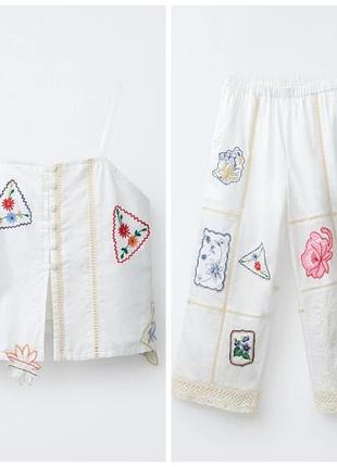 Костюм zara 164 13-14 лет  брюки топ вышивка кружево хлопок