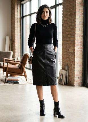 Черная винтажная кожаная юбка-карандаш leder fässler / genuine leather skirt, размер м