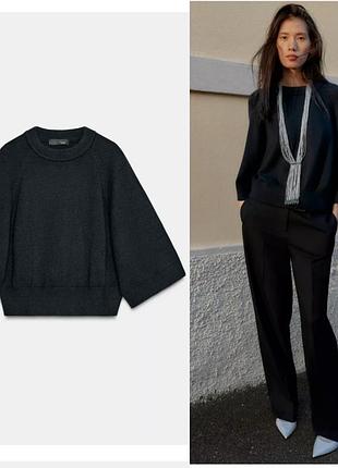 Zara , m , 170/88 cm темно-синий джемпер из трикотажа с круглым вырезом и широкими рукавами