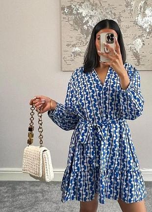 Платье сарафан платье синее с поясом абстрактный принт zara s 4437/105