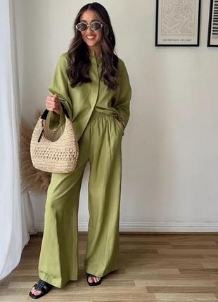 Рубашка штаны палаццо из льна костюм лен oversize xs s m zara 2157 045