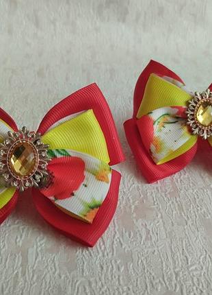 Українські бантики червоно-жовті з маками на резинках -пара, банти на перше вересня перший дзвоник під вишиванку для школи українська тематика v.j.v.