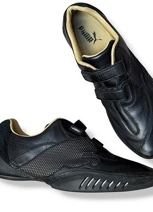 Puma 41 26.5 винтажные кожаные черные кроссовки на липучках спортивные гоночный стиль y2k