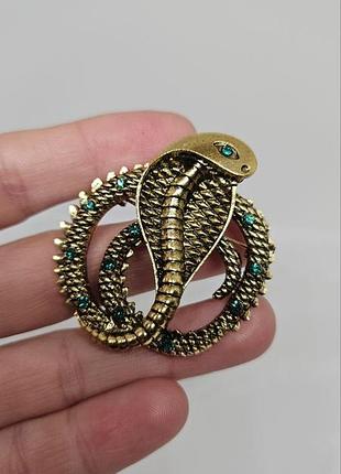 Брошка змія кобра 🐍 брошка-амулет зі стразами 💚 вінтажна брошка 🎁 прикраса на одяг, сумку, шарф