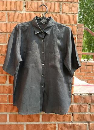 Льняная черная рубашка / блуза с коротким рукавом (100% лен, made in italy)