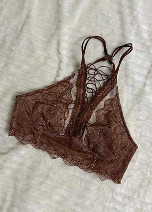 Коричневий топ бра ліф victoria’s secret в сіточку з мереживом і переплетом оригінал
