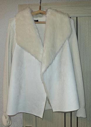 Світло-бежевий кардиган f&f з штучним хутром та замшею (розмір 50-52 / xl)