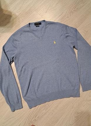 Голубой мужской пуловер polo ralph lauren с v-образным вырезом и желтым вышитым логотипом
