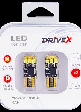 Світлодіоди в габаритні вогні. підсвітку номера та салона drivex t10-202 3030-6 9-48v can w5w base-10mm к-т.