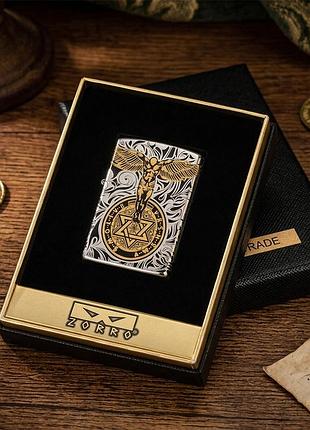 Зажигалка бензиновая zorro "guardian angel" 3d gold