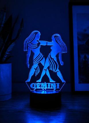 Акриловый led ночник близнецы gemini | на пульте/ 3d светильник | настольная лампа | несколько цветов