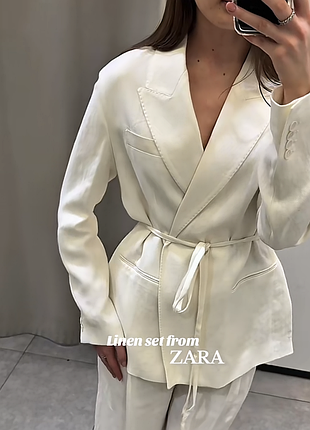 Женский льняной пиджак zara zw collection с поясом, размер s, 2464/586/712
